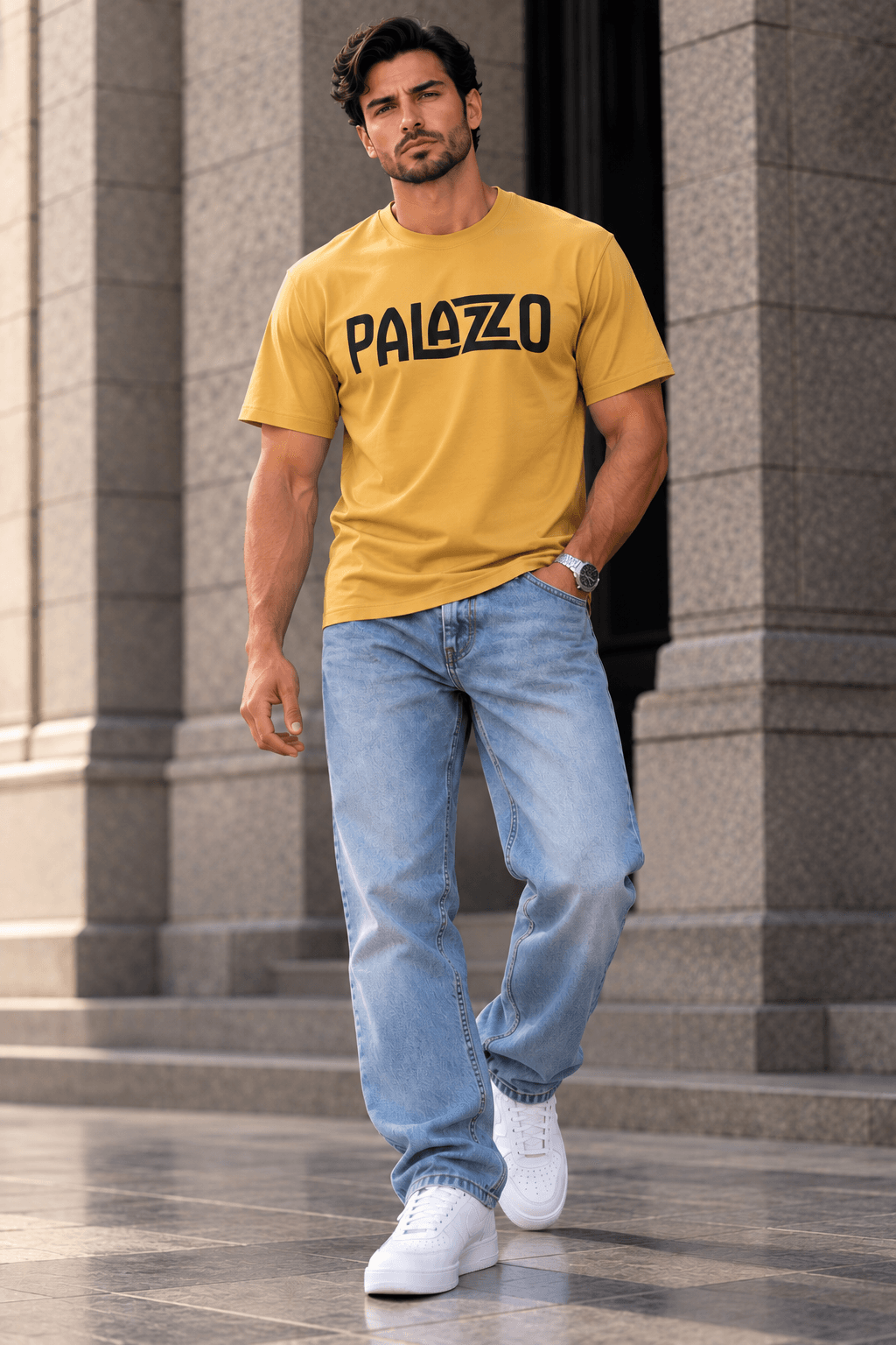 Sand Streetwear-T-Shirt mit Palazzo-Logo aus Baumwolle, lässiger Schnitt, kombiniert mit hellblauen Jeans und weißen Sneakers, urbaner Look