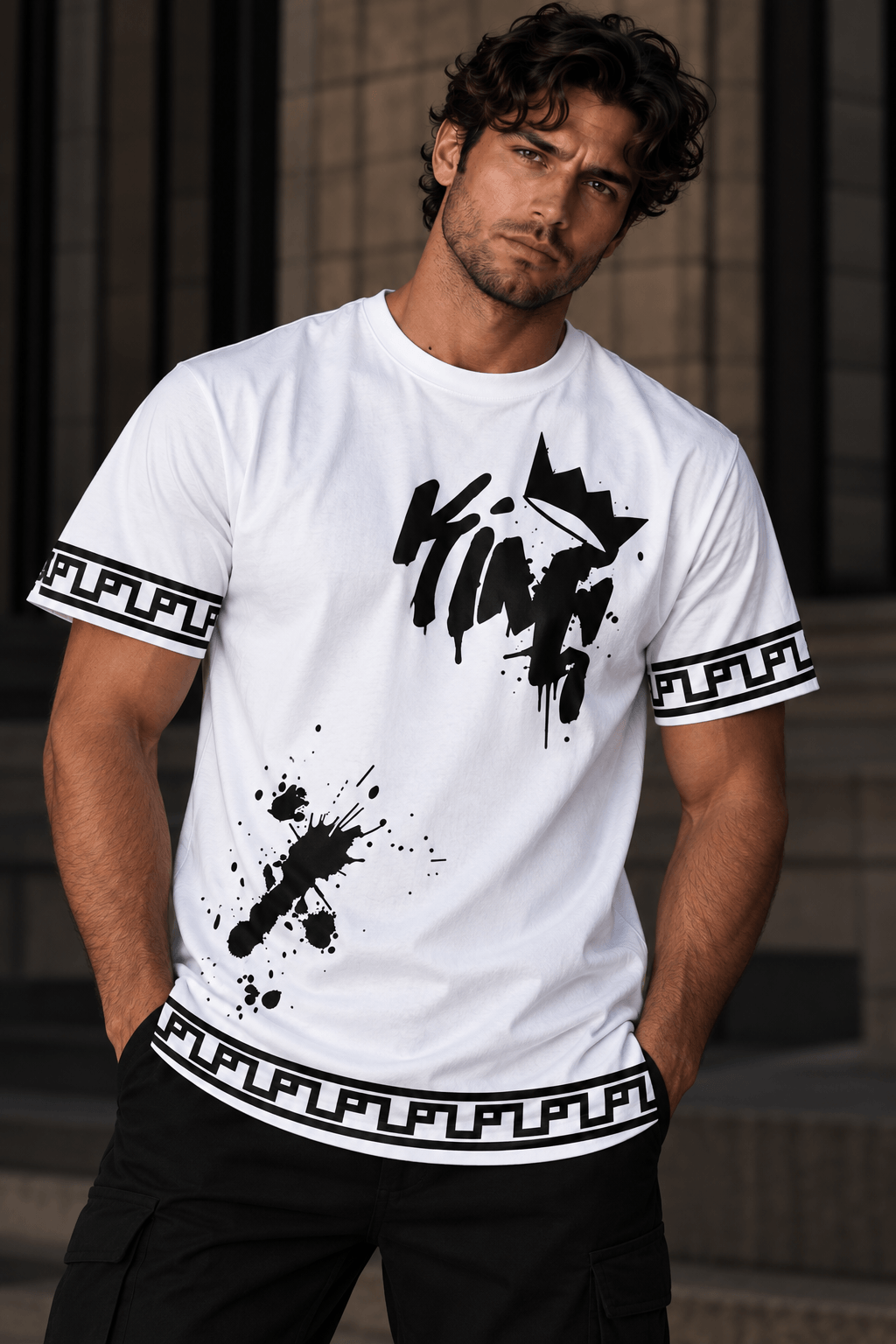Nahaufnahme des schwarzen Graffiti-Designs auf weißem Baumwoll-T-Shirt, künstlerischer Druck mit Spritzern, modischer Streetstyle