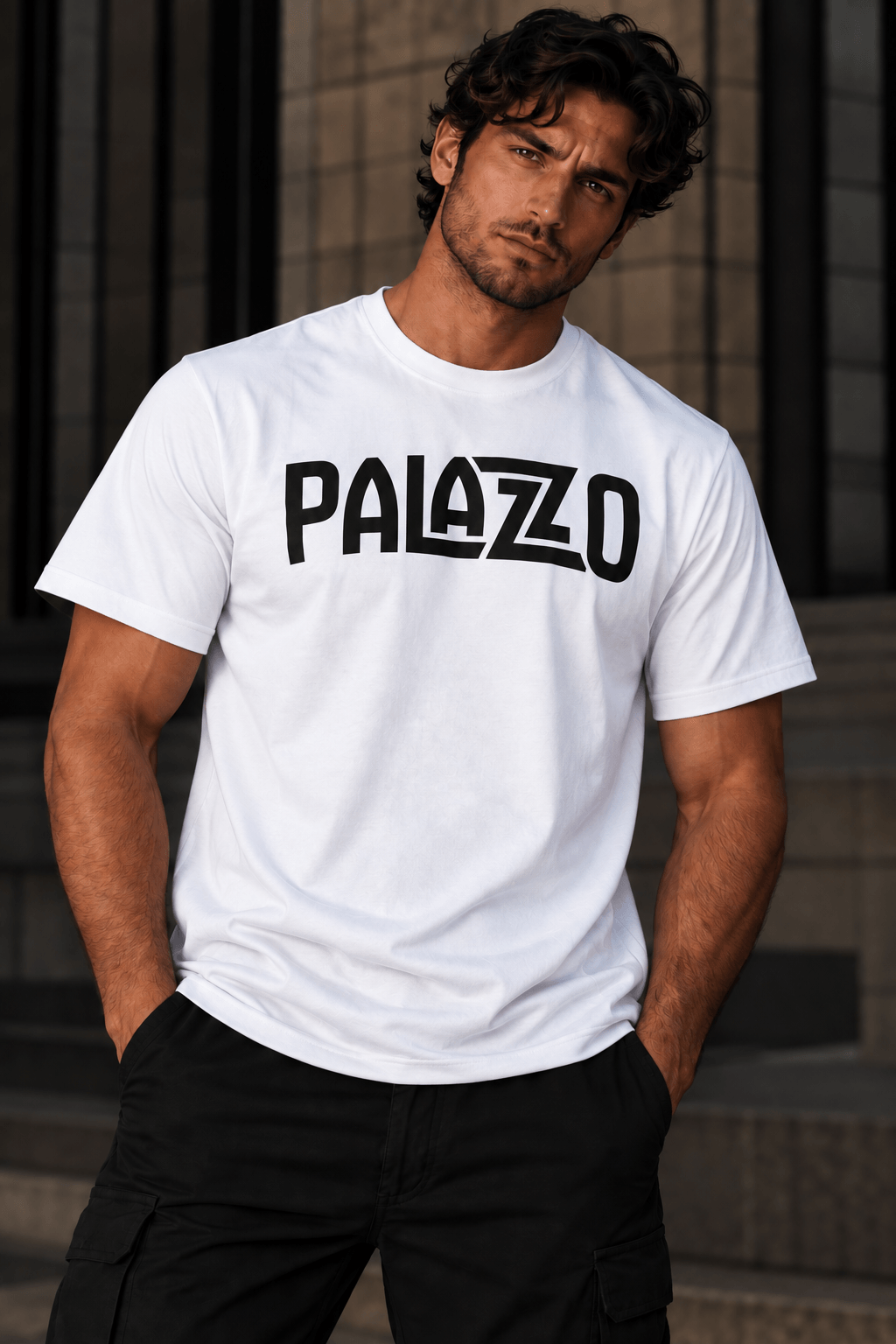 Männlicher Model in weißem T-Shirt mit 'PALAZZO'-Schrift, schwarze Hose, urbaner Hintergrund, stilvolle Streetwear-Mode