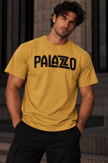 Sand T-Shirt aus 100% Baumwolle mit großem schwarzen Palazo-Logo, lässiger Streetwear-Look, für Männer, casual Style