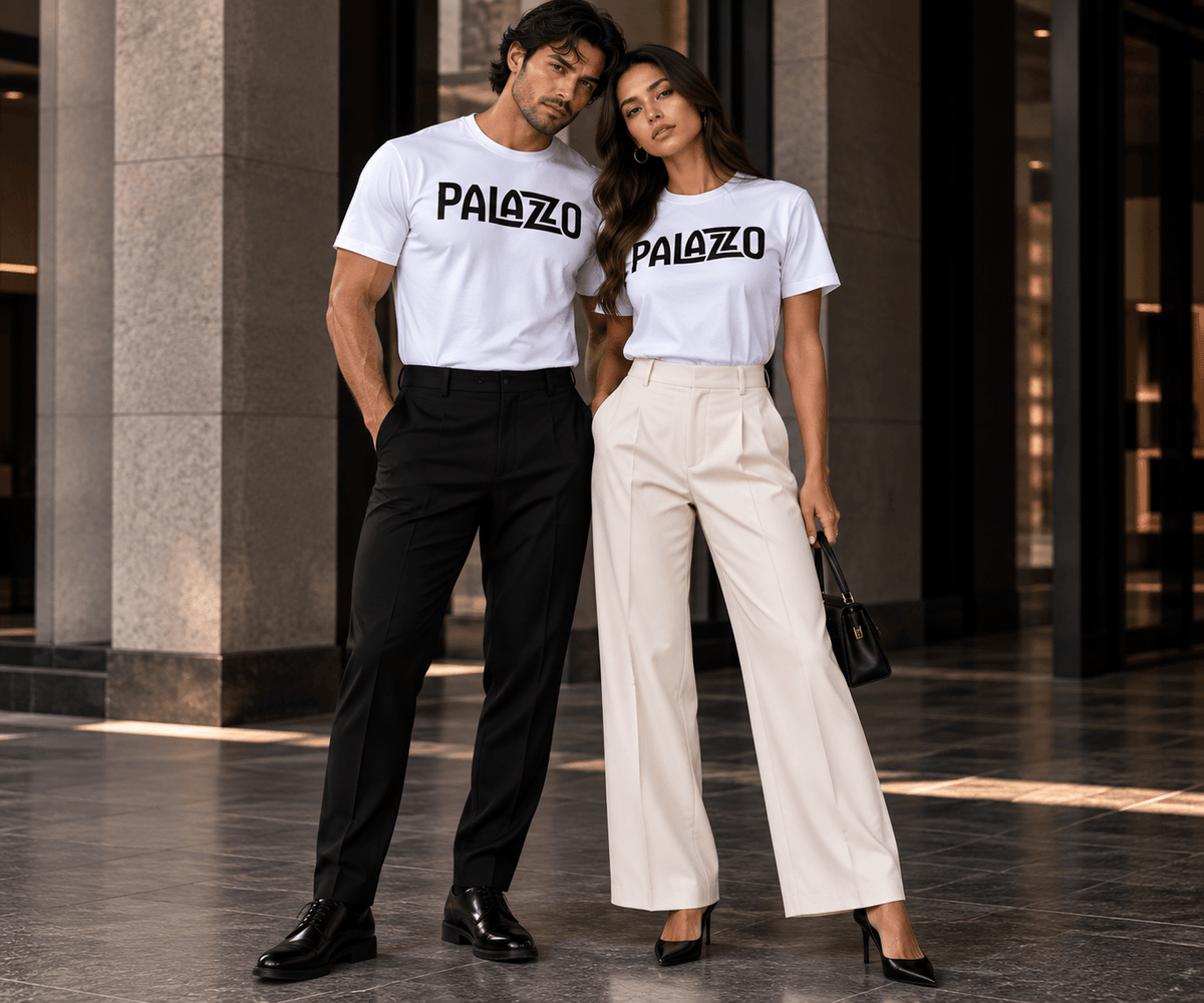Männlicher und weiblicher Model tragen weiße T-Shirts mit schwarzem 'PALAZZO'-Print, urbanes Umfeld, elegante Streetwear-Mode