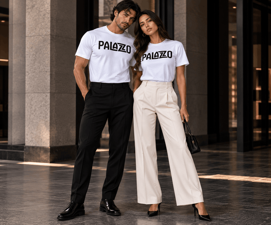 Männlicher und weiblicher Model tragen weiße T-Shirts mit schwarzem 'PALAZZO'-Print, urbanes Umfeld, elegante Streetwear-Mode