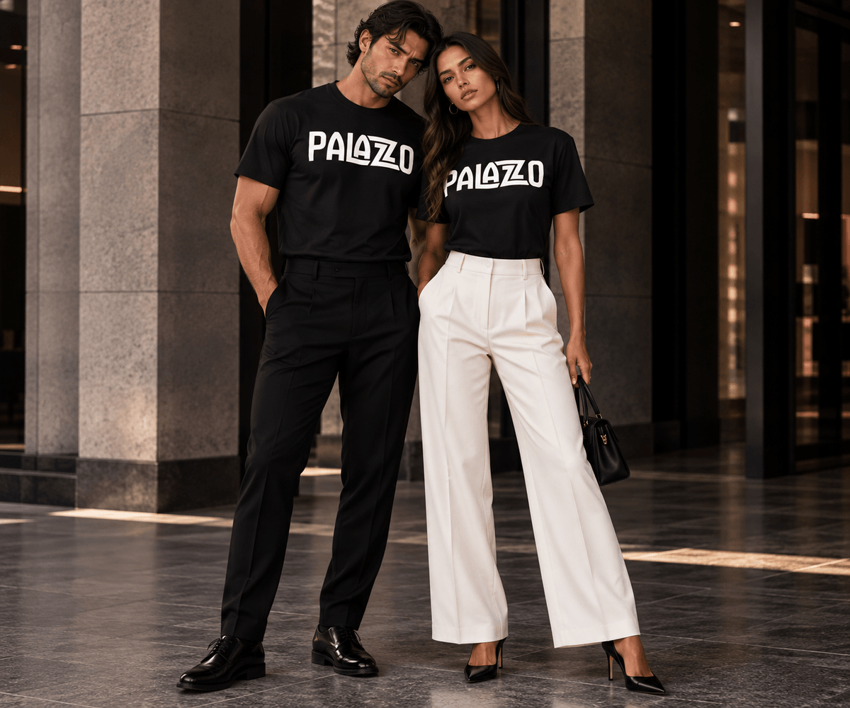 Schwarzes T-Shirt mit PALAZZO-Logo, für Streetwear, kombiniert mit schwarzen Hosen, urbanes Modebild, auf modernem Stadtplatz