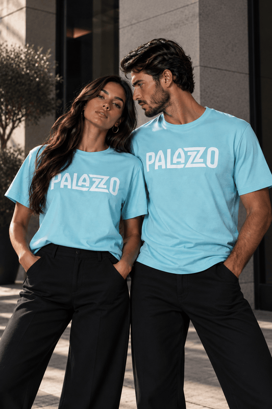 Herren- und Damen-T-Shirts in Hellblau mit großem weißen PALAZZO-Logo, aus weicher Baumwolle, casual Streetwear, passend für Alltag