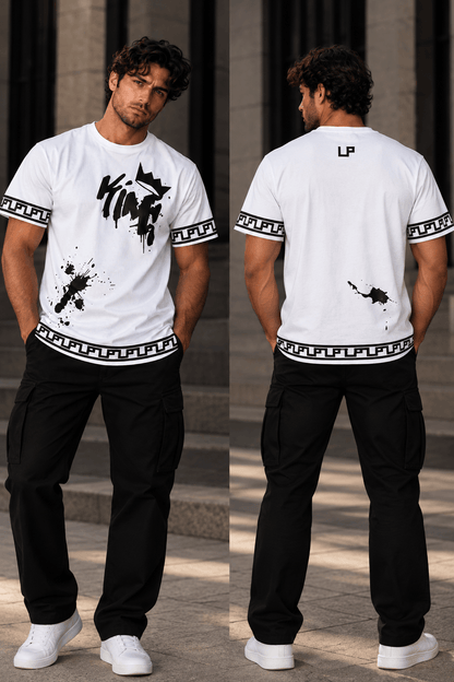 Weißes Baumwoll-T-Shirt mit Graffiti-Muster in Schwarz, kurze Ärmel mit griechischem Schlüsselmuster, modernes Streetwear-Design