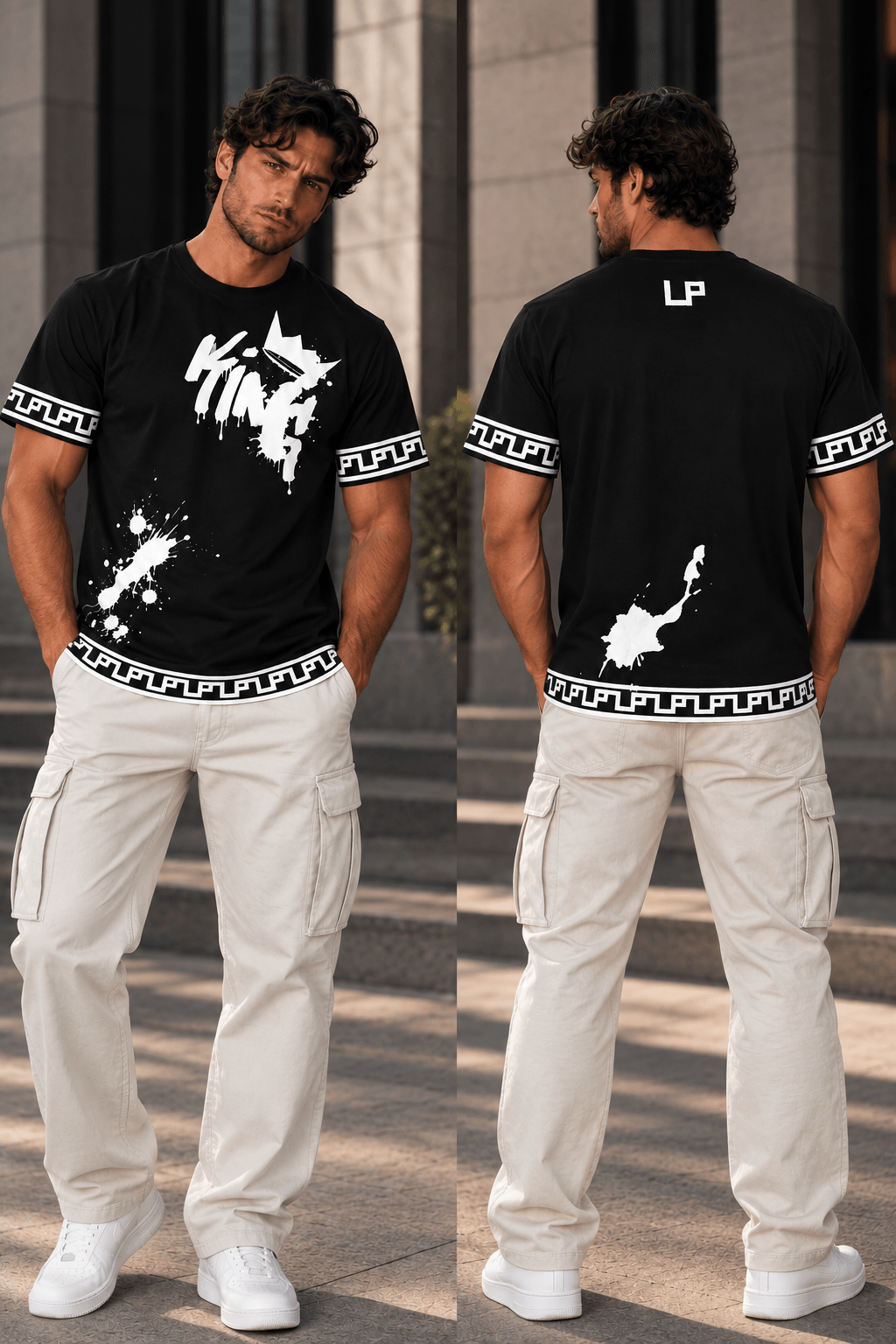Rückansicht des schwarzen T-Shirts mit weißen Graffiti-Prints, urbaner Streetwear-Look, model steht vor modernen Gebäuden